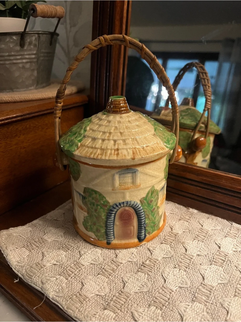 VINTAGE Japanese Majolica Cottage Ware Ceramic Hand Painted Biscuit Jar MCM